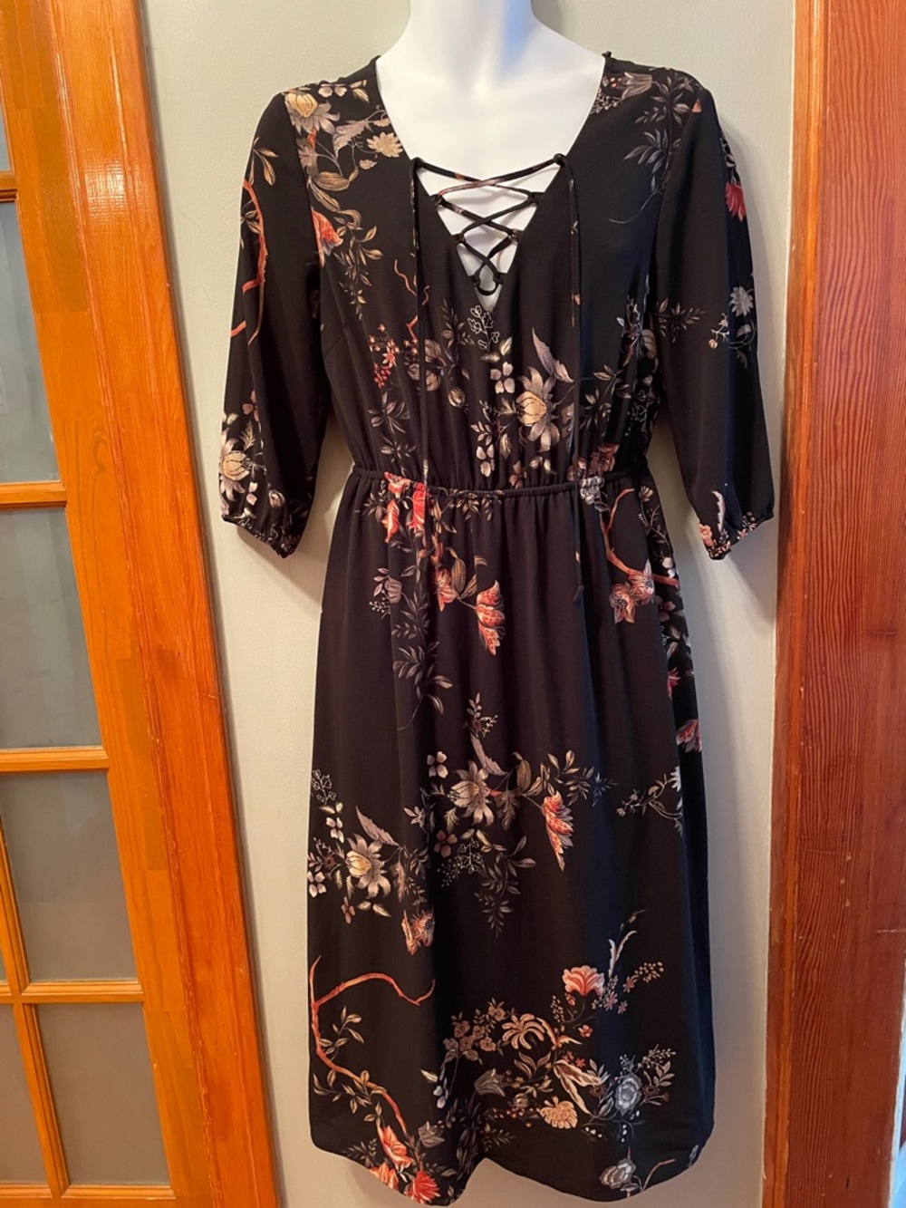 DEX Black Floral Lace-Up 3/4 Sleeve Summer Office Coastal Whimsigoth Midi Dress
